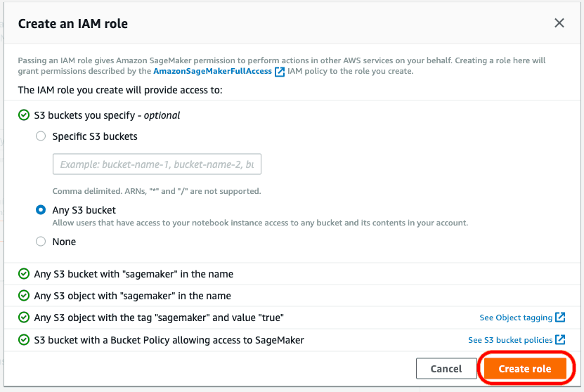 Screenshot of creatin an IAM role for AWS Sagemaker.