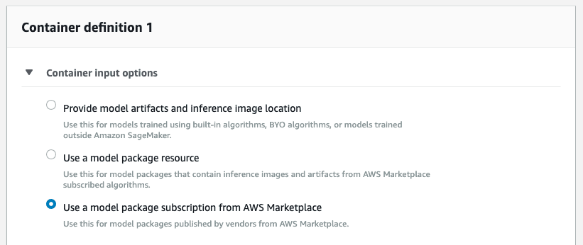 Screenshot of container definition 1 field in AWS Sagemaker.