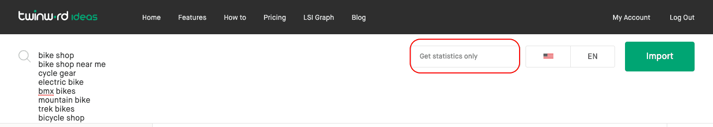 Twinword Ideas keyword tool import feature.