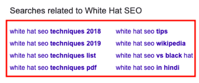 Google's searches related to white hat SEO.