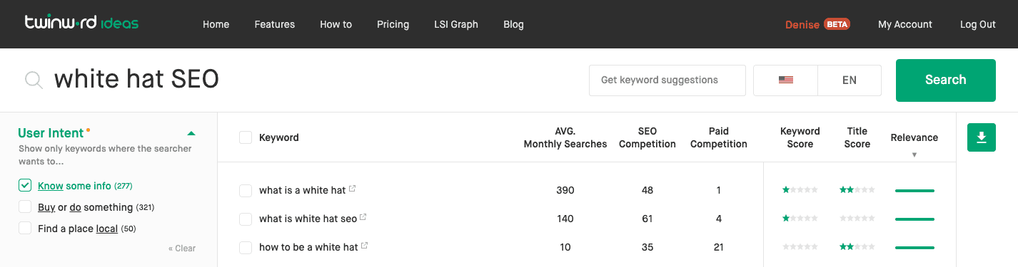 Twinword Ideas user intent smart filter for the keyword white hat SEO.