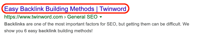 Twinword backlink building method post on SERP, showing the title tag that includes the keyword 'backlink building'.