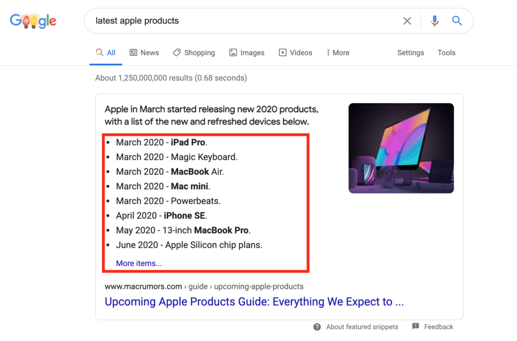 bulleted list featured snippet appeared with the query "latest Apple products"