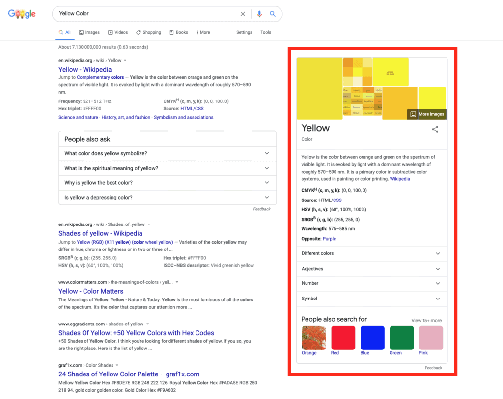 an example of knowledge panel with the query "yellow color"