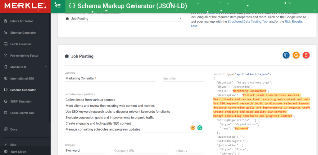 Merkle schema markup generator