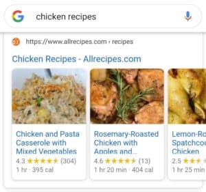 Recipe carousel on mobile through schema markup, that shows chicken recipes.