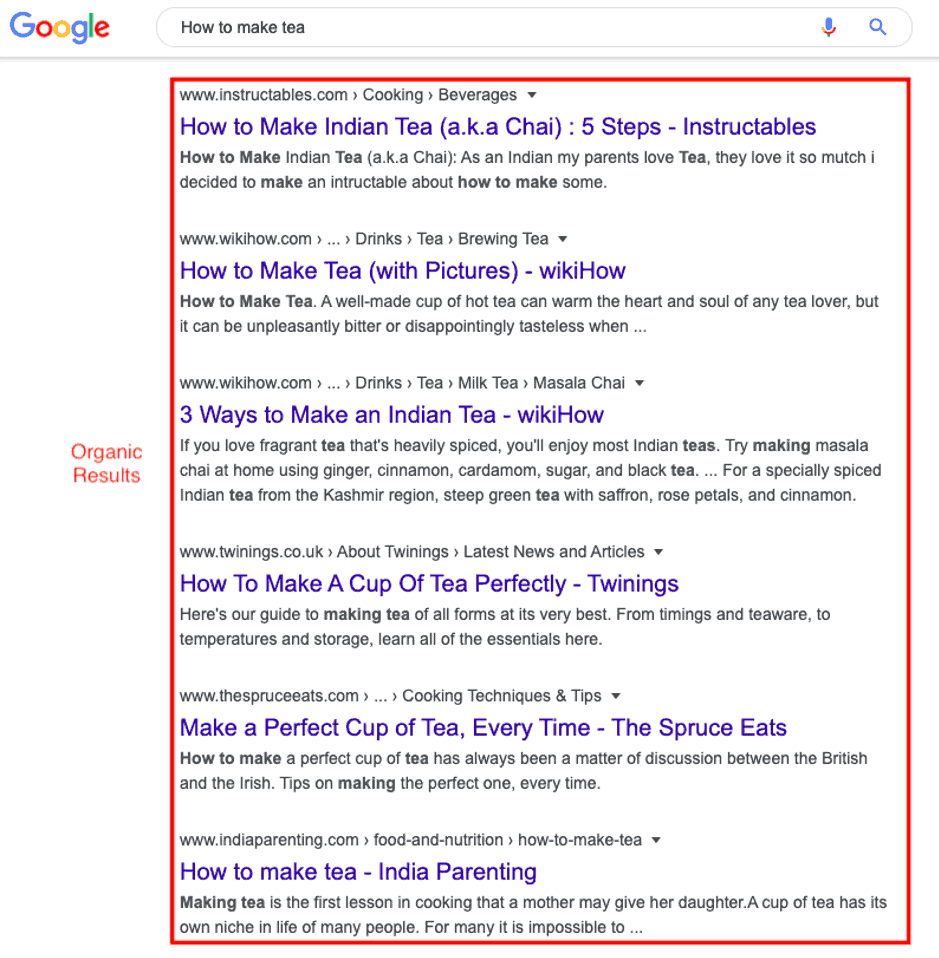 Google organic search results for the query: 'How to make tea'.