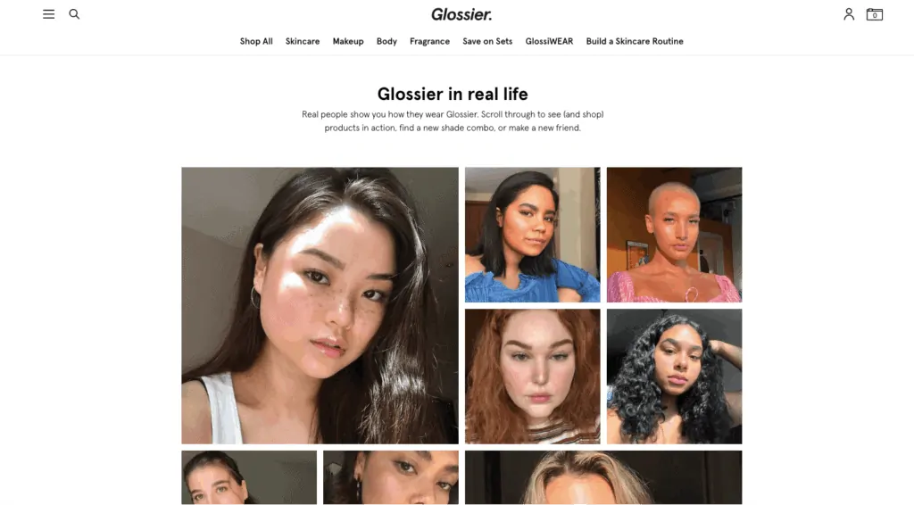 Glossier customer testimonials to increase customer satisfaction.