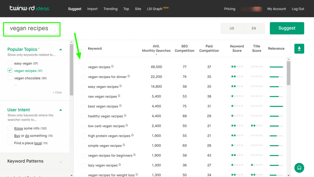 Generating related keyword ideas for a primary keyword with the Twinword Ideas tool