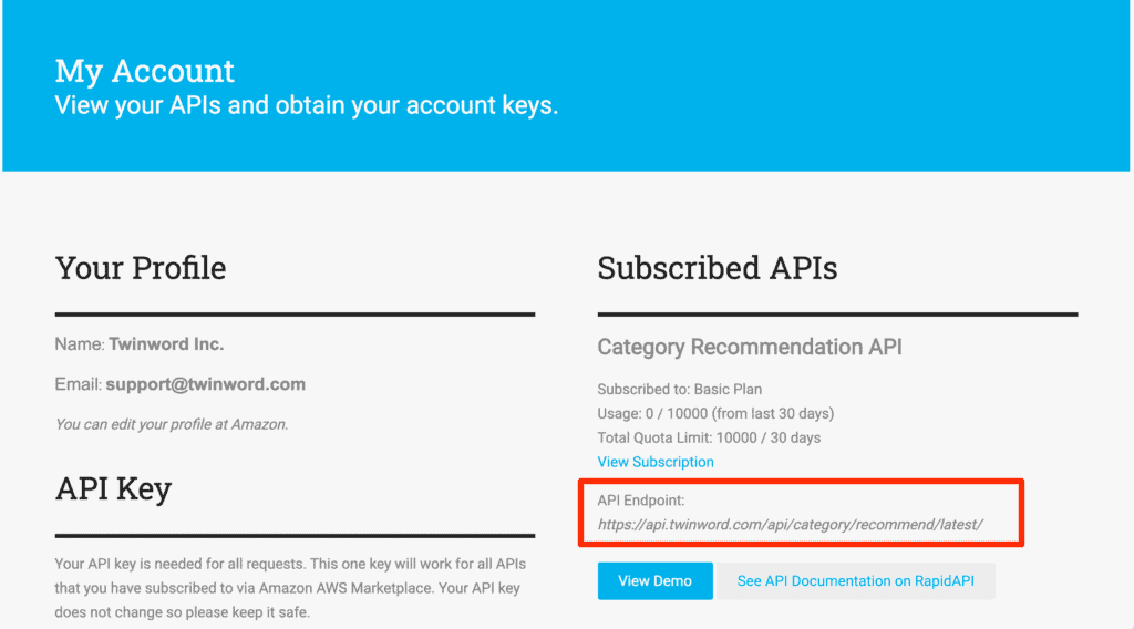 Screenshot of Twinword API My Account page with the endpoint URL circled.