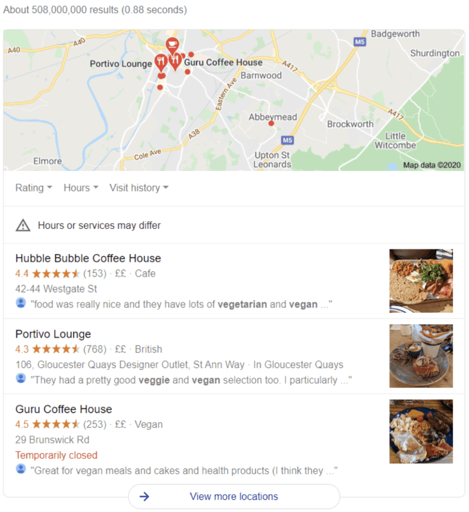 A map showing the location of coffee houses in the United Kingdom for local user intent.