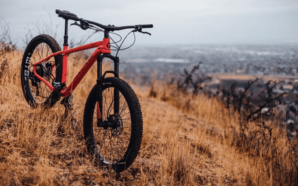 orange mountain bike parked up on hill