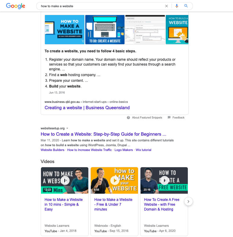 search result page of the query "how to make a website"