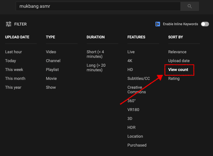 sorting YouTube videos by view count to do keyword research