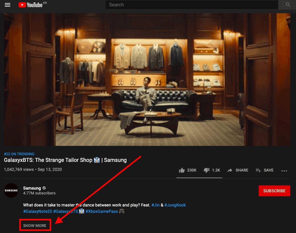 Youtube only showing first few lines of video description and for the users to see more, need to click "show more" button