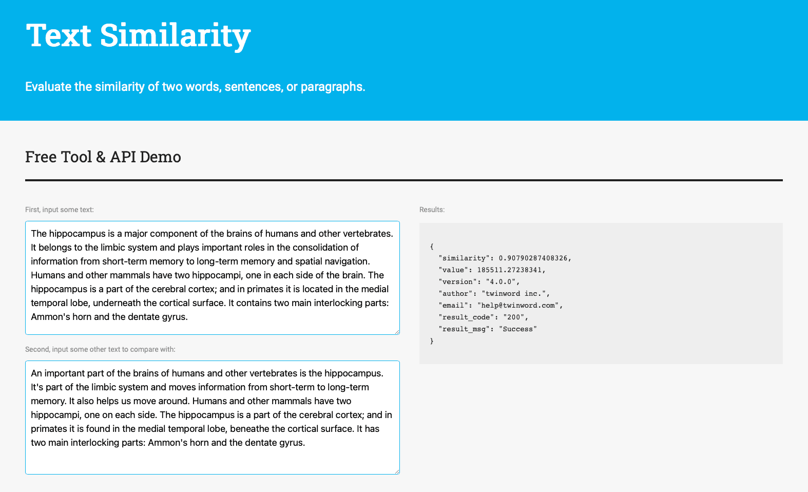 Screenshot of Text Similarity API