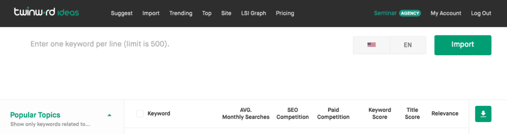 Twinword Ideas importing keywords and getting statistics only feature