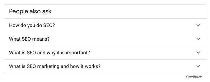 A screenshot of Google's People Also Ask section with the query 'What is SEO?'