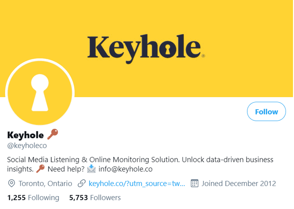 A screenshot of Keyhole's Twitter account which is well optimized for social media SEO