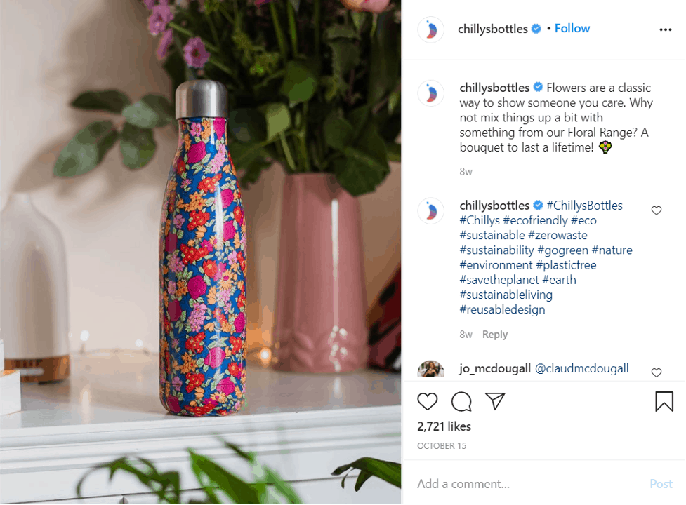 A screenshot of Chillybottles Instagram post utilizing relevant keywords as hashtags