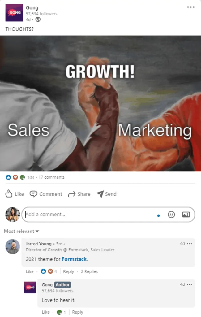 A screenshot of Gong's LinkedIn post that is aimed to drive engagement of customers