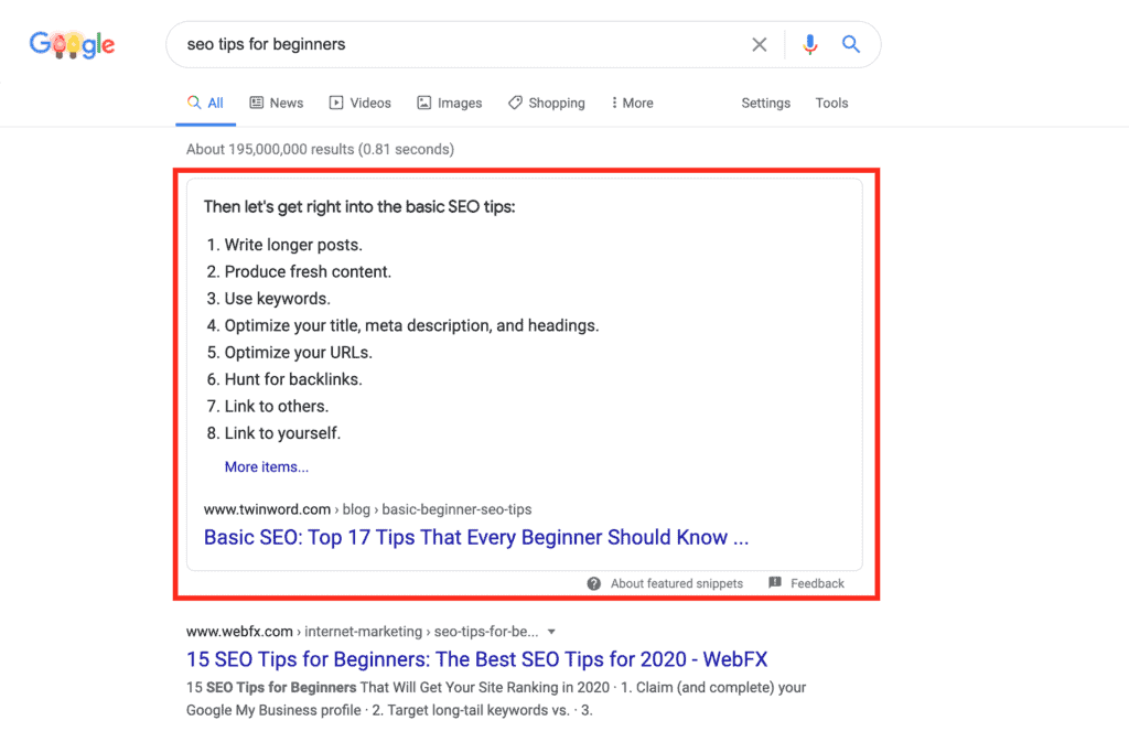 Example of a featured snippet in Google SERP