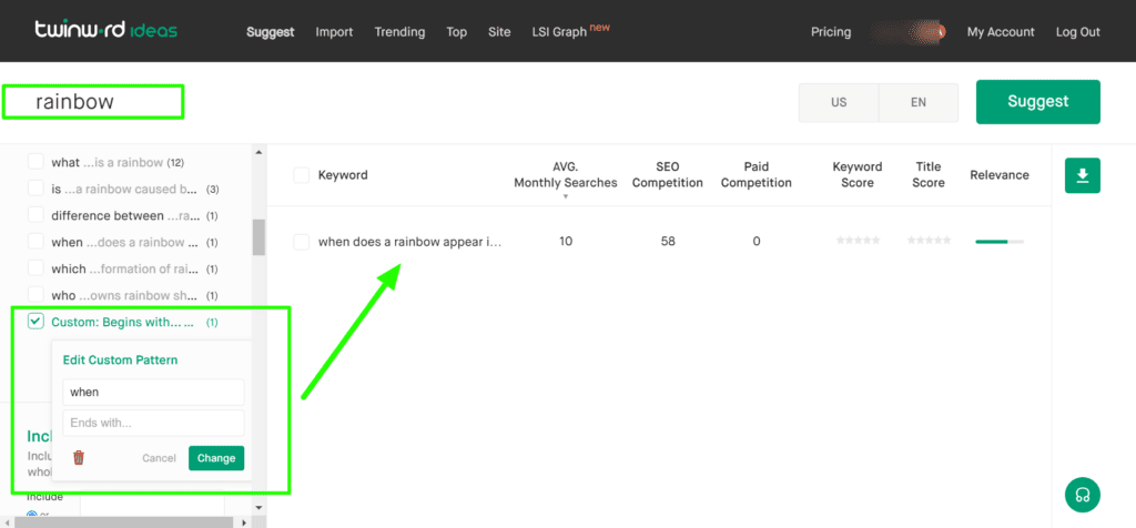 Example of using Twinword’s custom pattern filters to find related questions to a keyword