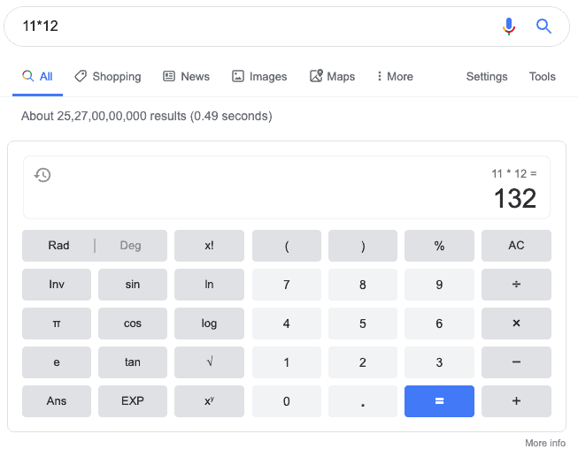 Snapshot of Google search calculator functionality in action
