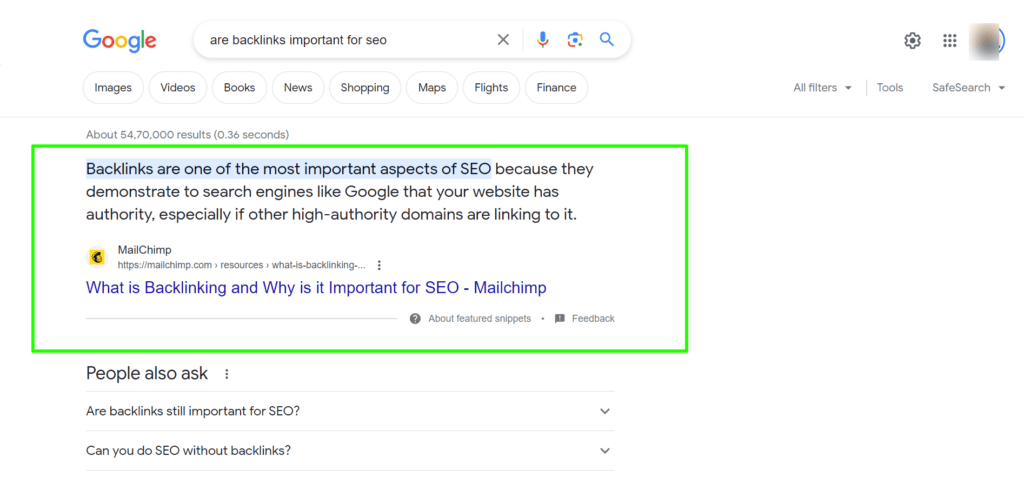 Example of a text-only paragraph featured snippet