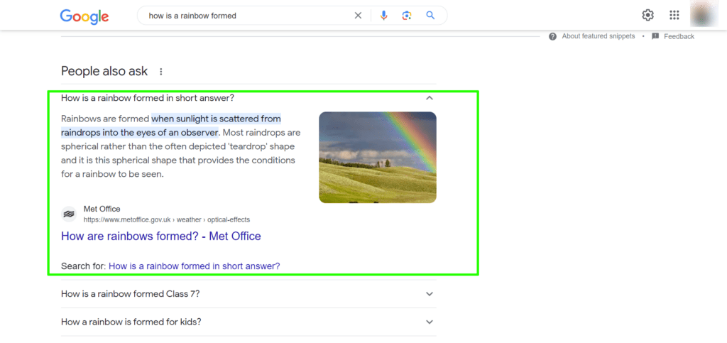 Example of a featured snippet within the "People also ask” section