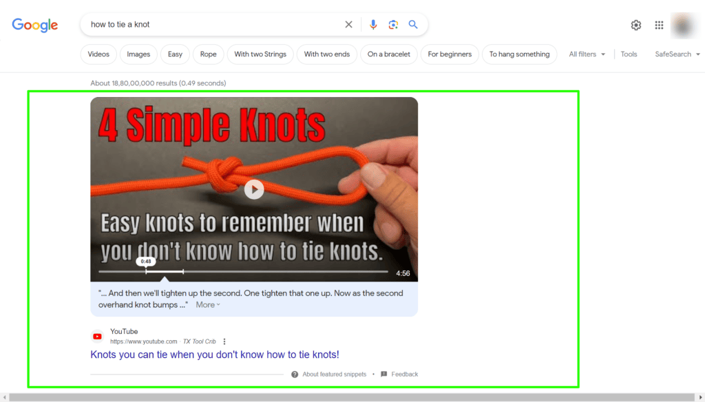 Example of a featured video snippet