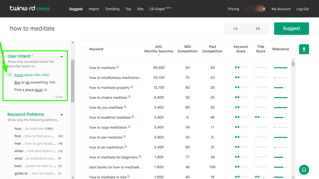 Twinword tool “Know more info” user intent filter helps expose question keywords quickly