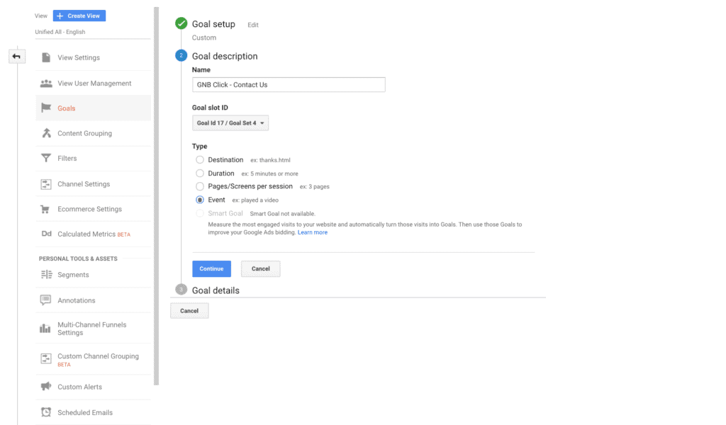 Setting up a custom goal on Google Analytics