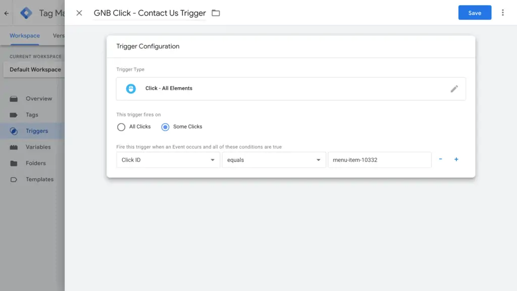 Creating a Google Tag Manager Event tracking trigger by using CSS selector ID of Contact Us button on Twinword Website