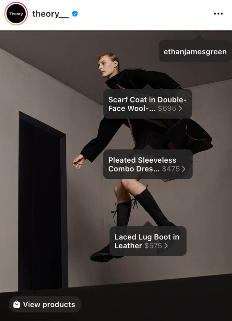 An apparel brand Theory utilizing Instagram shopping tags to promote their products