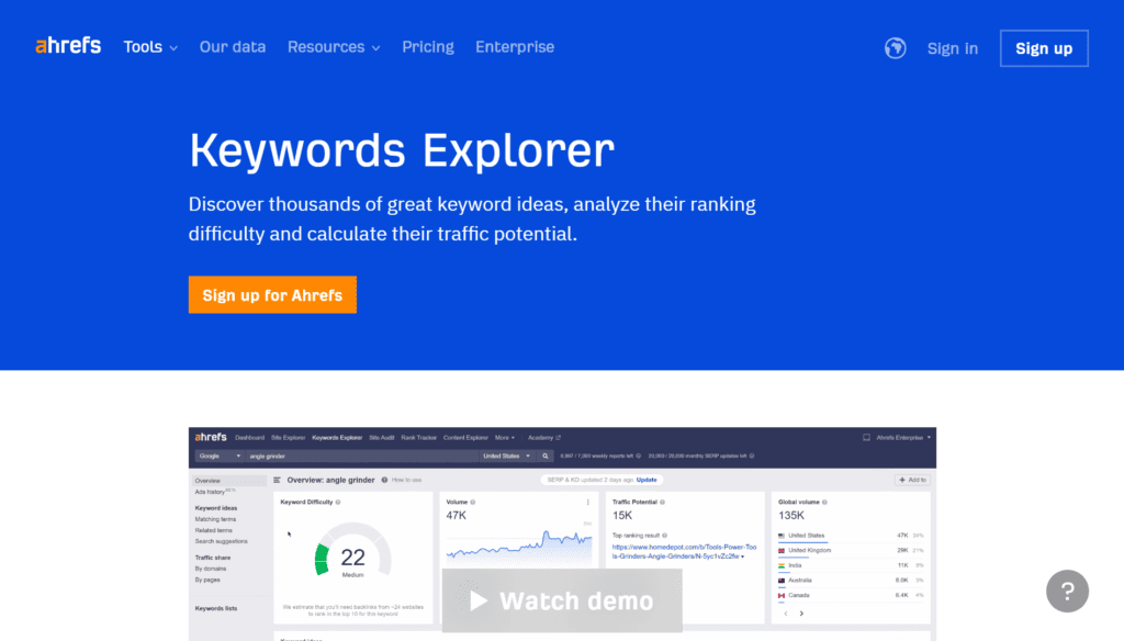 Ahrefs Keyword Explorer tool landing page banner