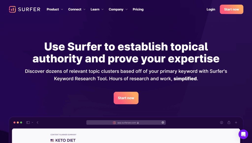 Surfer keyword research tool landing page banner