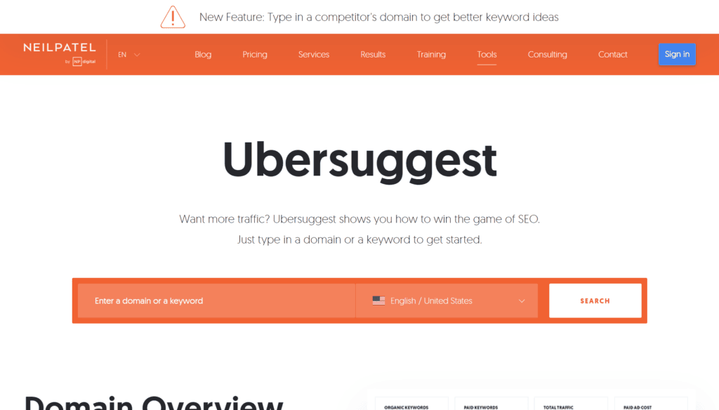 Ubersuggest keyword research tool landing page banner