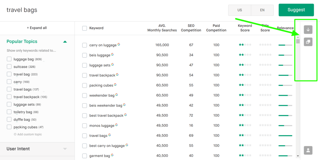 Twinword Ideas efficient data export feature in action.