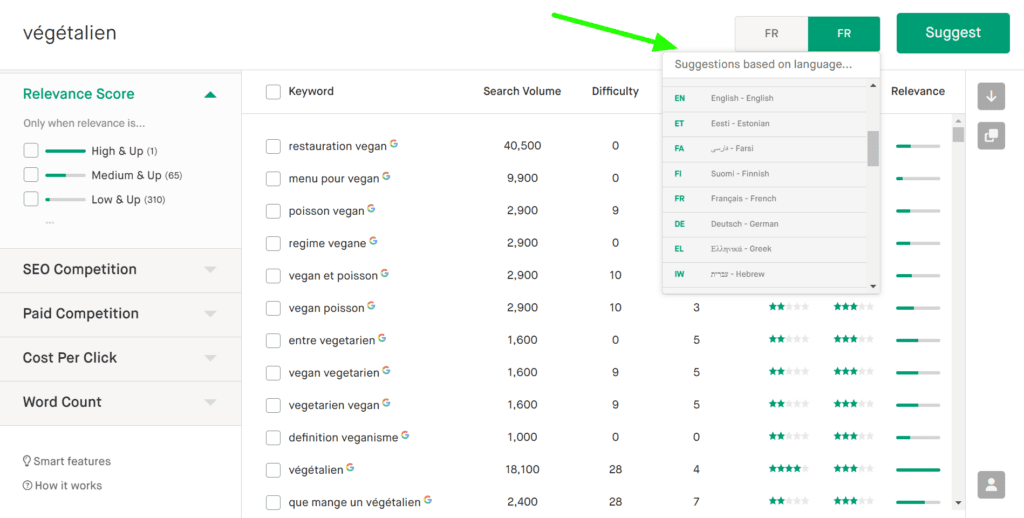 Screenshot showing language and region selectors in Twinword’s advanced keyword tool.