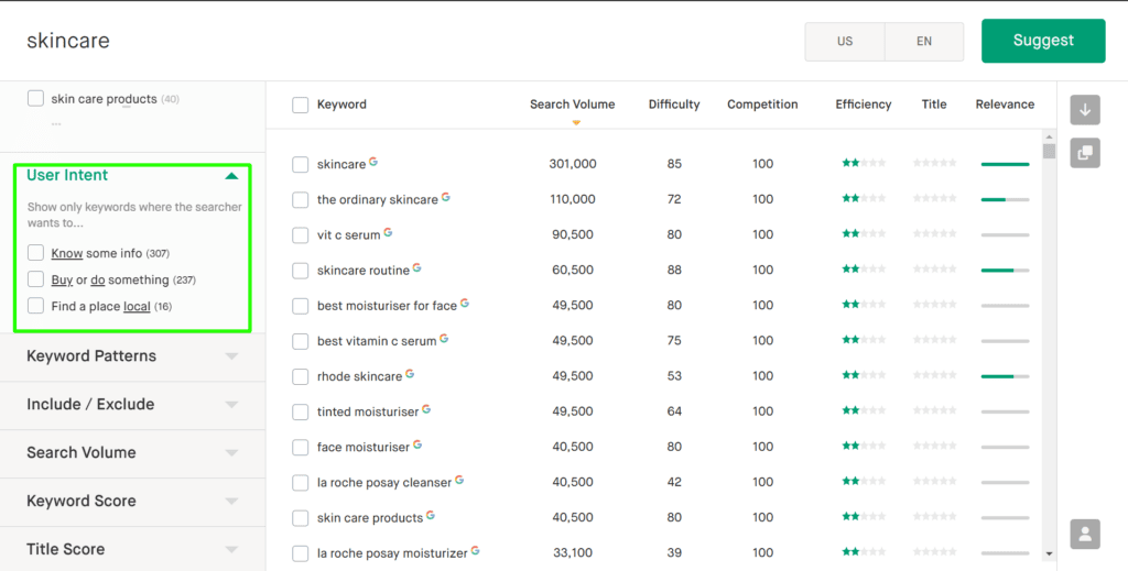 A screenshot displaying Twinword’s user intent filter in action, segregating keywords by 'know,’ 'buy,’ and 'local.’