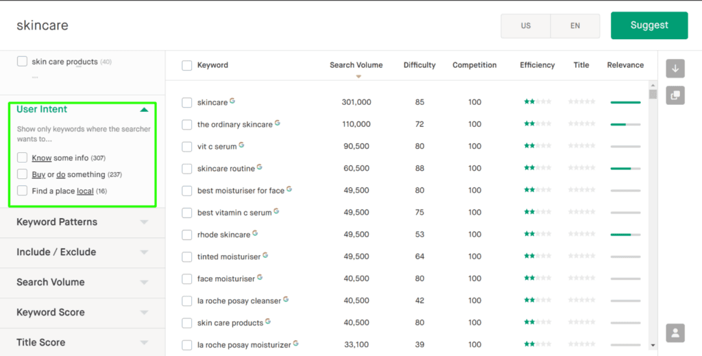 A screenshot displaying Twinword’s user intent filter in action, segregating keywords by ‘know,’ ‘buy,’ and ‘local.’