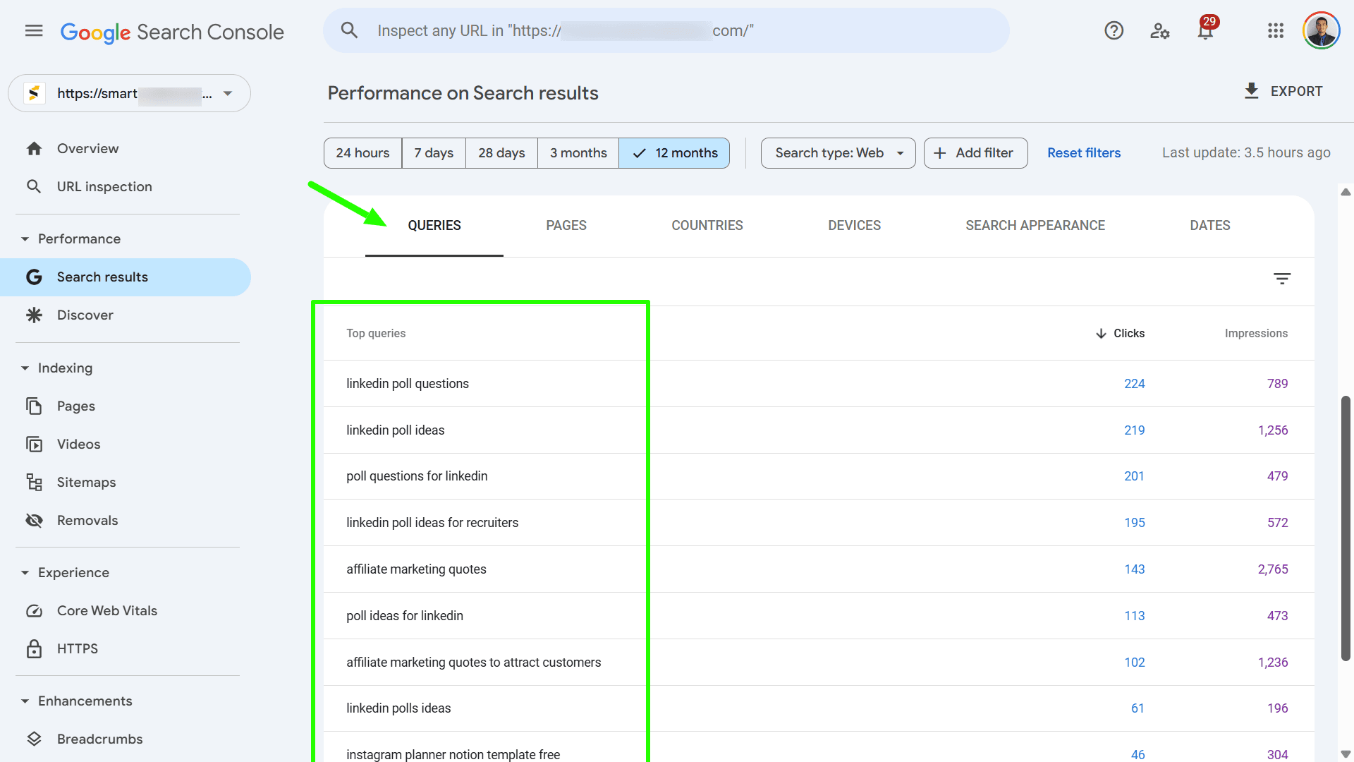 A screenshot of Google Search Console Queries data in the performance report.