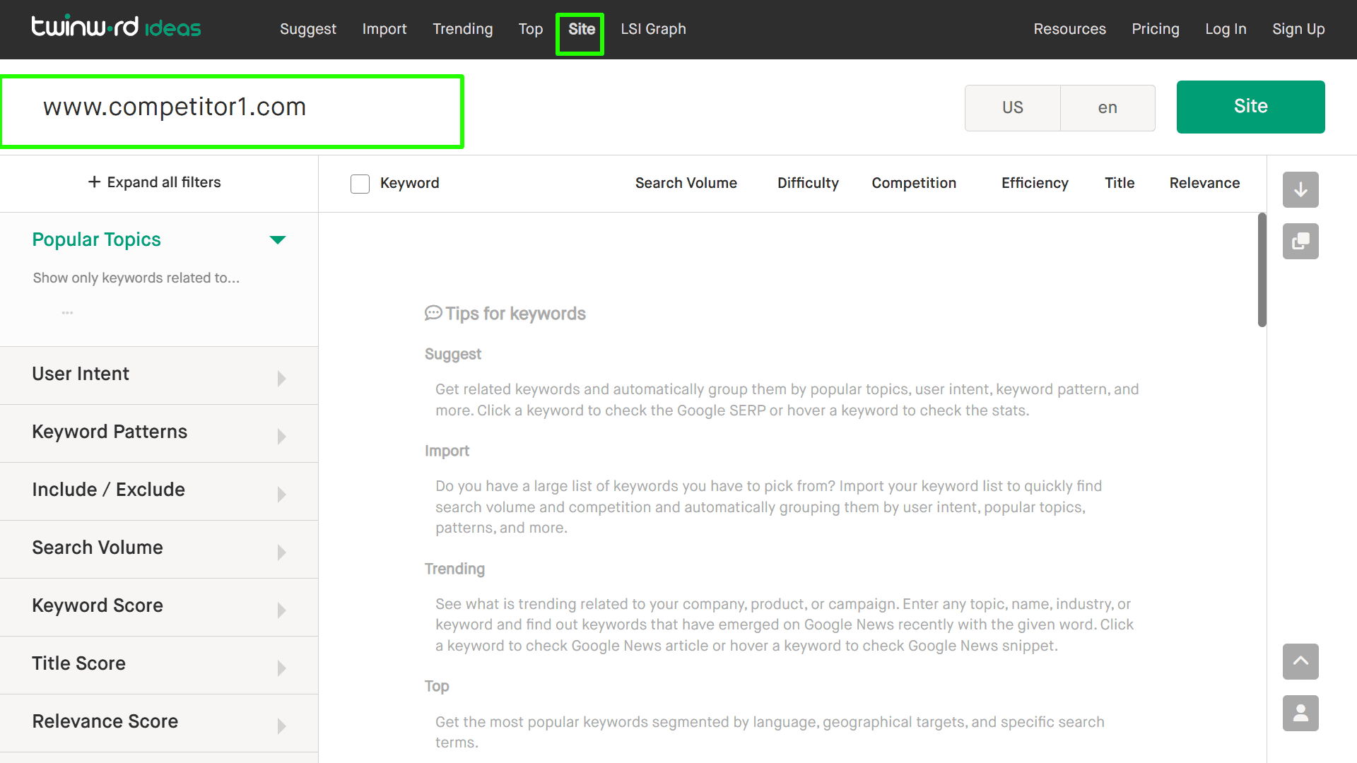 Finding competitor keywords using Twinword’s Site tool.
