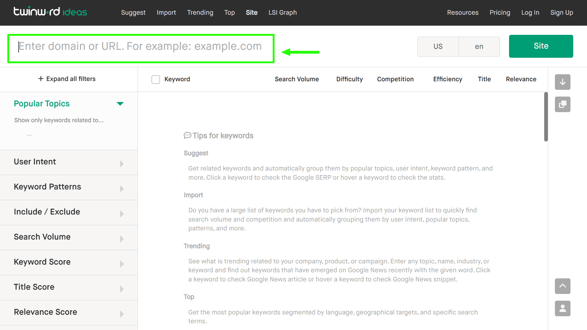 Screenshot of Twinword Site tool user interface.